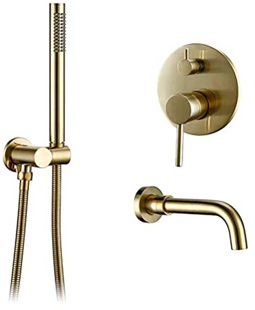 Bathtub Taps with Shower Mixer, Tub Taps Hot and Cold Bathroom Faucet Brushed Brass Shower Faucet Diverter, with Wall Mount Spout Handheld Hose Bathtub Filler Mixer Tap Set,Brushed Gold