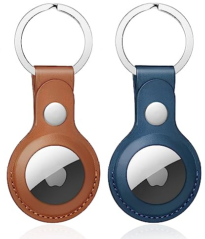 Nepfaivy Schlüsselanhänger Hülle für Airtag aus PU-Leder, 2er Pack | Anhänger Kompatibel mit Apple Airtags, Tragbares Leder Case Zubehör für Air Tag Tracker, Schutz vor Kratzern(Braun + Blau)