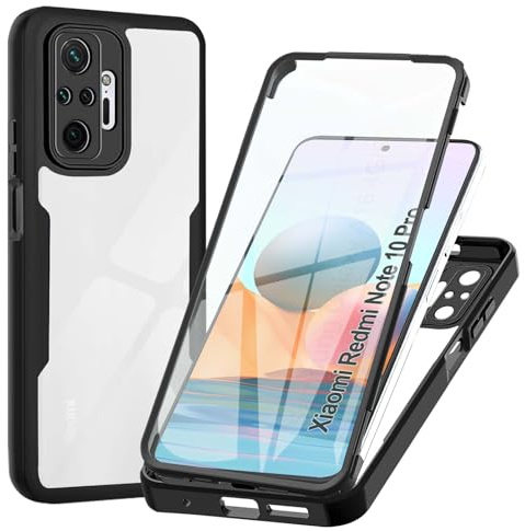 Funda para Xiaomi Redmi Note 10 Pro (No para Note 10), Transparente 360° Protección Funda con Protector de Pantalla Integrado Antigolpes Silicona Carcasa para Redmi Note 10 Pro / 10 Pro Max, Negro