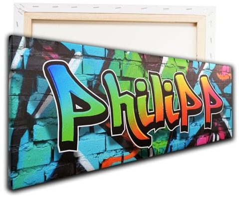 tjapalo® VR191 Neon Wandbild mit Namen Personalisiert - Graffiti Leinwandbild für Kinderzimmer, Jugendzimmer und Teenager, Größe: B120xH40cm