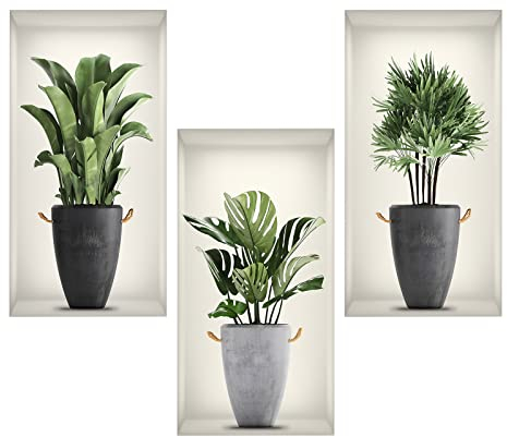 3D Wandaufkleber Vase, 3 Stück Vasen Wandtattoo für Wohnzimmer Wandabziehbilder, Grüne Pflanzen Wandsticker Selbstklebend Flasche Wandbilder für Wohnzimmer Schlafzimmer Küche