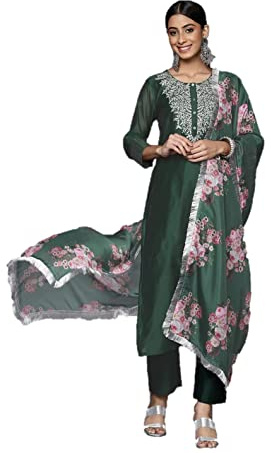 Parvdi kurta set da donna con pantaloni kurti palazzo stile indiano dupatta set di pantaloni per le donne abbigliamento da festa, Verde e argento, Large