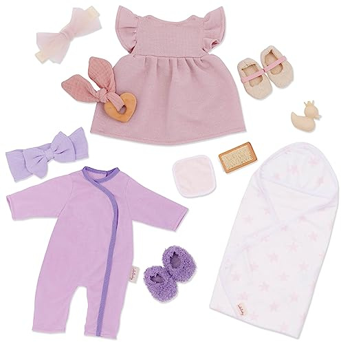 LullaBaby Baby-Puppen-Kleidungsset, Mode-Set mit Badezubehör, Mädchenoutfit | Puppenkleidung mit Kleid, Pyjama, Schuhen, Stirnbändern und Badezubehör; passend für die meisten 36 cm Babypuppen; 2+ Jahre