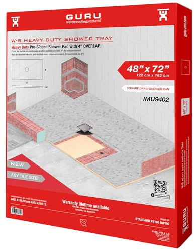 GURU USA W-S Heavy Duty Shower Tray for Square Drain, Bathroom Shower Pan Kit with Pre-Sloped Shower Base & Waterproofing Membrane, 48” x 72”, Four Slopes, Center Drain