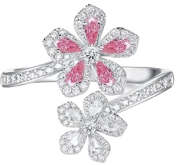IMINI Bague de déclaration pour femme et fille avec cristal scintillant et zircone rose Sakura motif floral ouvert - Bague de fiançailles - Bague de fiançailles ou d'anniversaire