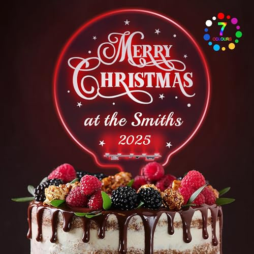 LED Christmas Cake Toppers Personalised Cake Topper 7 Colour Changes Light Up Merry Christmas Cake Decorations Theme Party Ornaments with Any Text(Design 1)