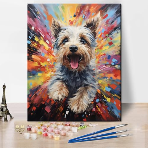 TISHIRON Malen Nach Zahlen Für Erwachsene Bunter Niedlicher Hund Erwachsene Malen Nach Zahlen Laufender Hund Farbenfrohes Acryl ölgemälde Kunsthandwerk 16x20 Zoll