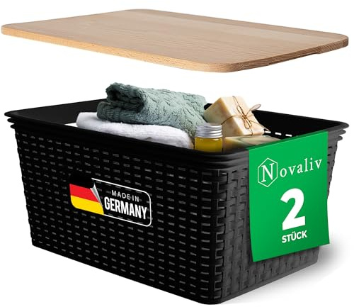 Novaliv 2er Set Eleganter Aufbewahrungskorb mit Holzdeckel in Rattan-Optik | Schwarz Lebensmittelecht Kunststoff 14L ? Perfekt für Bad & Kleidungsaufbewahrung. Aufbewahrungsbox Badezimmer Körbchen.