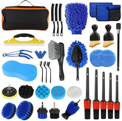 KIMIGO 36pcs Brosse Nettoyage Voiture,Brosse de Jante Voiture,Kit de Lavage de Voiture,Kit de Brosse Nettoyage Voiture Interieur Exterieur,Brosse Nettoyage Perceuse Électrique,Sac de Transport Inclus