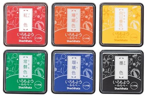 IROMOYO WARABE Stempelkissen, 6 Stück, verschiedene Farben, für Tagebücher und Scrapbooking, traditionelle japanische Tinte, Ölbasis, Tintenkissen – Rot, Orange, Gelb, Grün, Blau, Schwarz, schnelle