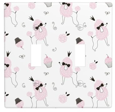 Placca di copertura per interruttore della luce a levetta, 2 piastre da parete di dimensioni standard 11,4 x 11,4 cm, motivo cartone animato carino barboncino rosa torta doppia luce interruttore