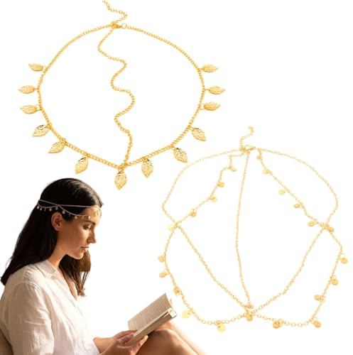2 Pack Gold Leaf Round Tassel Headpieces, Ancient Greek Goddess Egyptian Style Gold Headband Costume Accessories for Women Girls New Year Halloween Cosplay Evening Party