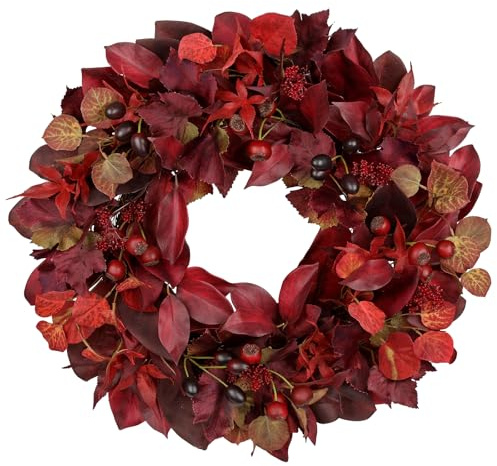 24 lnch Artificial Fall Wreath for Front Door, Large Autumn Wreath with Maple Bay Grape Leaves Berries Fall Door Wreaths for Indoor Outdoor Farmhouse Home Porch Wall Window Thanksgiving Wedding Decor