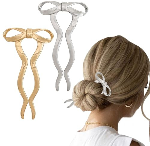 LunarCharm 2 Stück französische Haargabeln im Vintage-Stil für Damen, große Schleife U-förmige Haarnadeln aus Metall, mittellanges Haar-Accessoire für Damen, Gold und Silber
