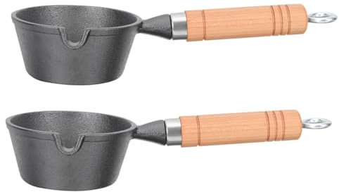 Ciieeo 2pcs Small Iron Saucepan with Wood Handle 11cm Diameter 5cm Height Cast Iron Melting Pot for Oil Boiling and Milk Warming Indoor Kitchen Cooking