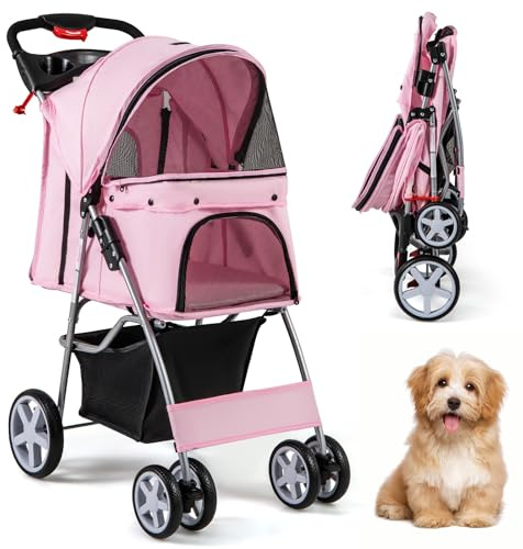 SOARS Passeggino per Cani e Gatti Pieghevole Fino 15 kg, Carrello per Animali Domestici, Trasportino Carrozzina Portatile da Viaggio e Passeggio con Tettuccio per Cuccioli, 87 x 46 x 102 cm (Rosa)