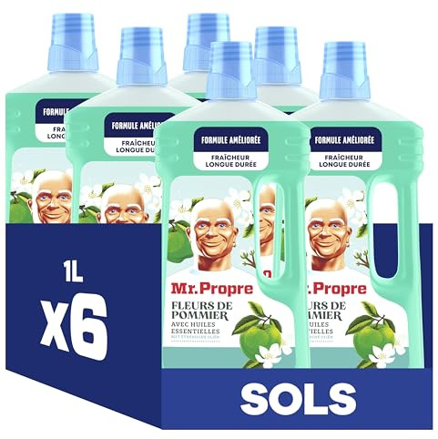 Mr. Propre Nettoyant Liquide Sol Multi-Usages, Grand Format (1L x6), Parfum Fleurs de Pommier, Élimine Jusqu'à 99.9% Graisse et Saleté, Sans Traces, Fraîcheur Longue Durée