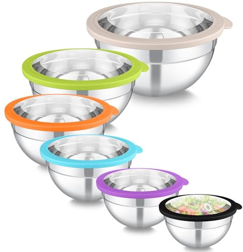 Homikit Rührschüssel 6er Set, Edelstahl Schüssel Salatschüssel mit Transparenter Deckel zum Servieren Kochen Backen, Schüsselset 4,5L/2,8L/2,5L/1,6L/1,2L/0,7L, Stapelbar & Spülmaschinenfest, Bunt