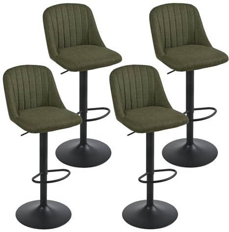 Goeurvant 360°Drehbar Barhocker 4er Set Höhenverstellbar mit Lehne,Polster Barstühle mit Fußstütze & Metallgestell,Leinen Drehsessel für Bar,Küche,Theke,Esszimmer,Wohnzimmer & Essbereich,Grasgrün