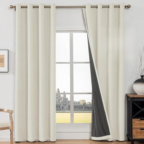 CYCMACO Mörkläggningsgardiner 2 Stycken, 140x280cm, Gardiner För Vardagsrum I Imiterat Linne, Värmeisolerande Gardiner För Inomhusbruk, Ljudabsorberande Med Ringar, För Sovrum, Ljusbeige