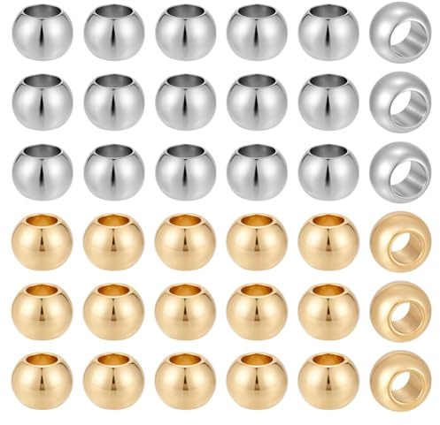 PH PandaHall 80pz Perline Distanziali in Acciaio Inox 304 Perline Rotonde Lisce 6mm, 2 Colori Perlines con Foro Largo per Bracciali Orecchini Creazione di Gioielli, Hole 3.5mm