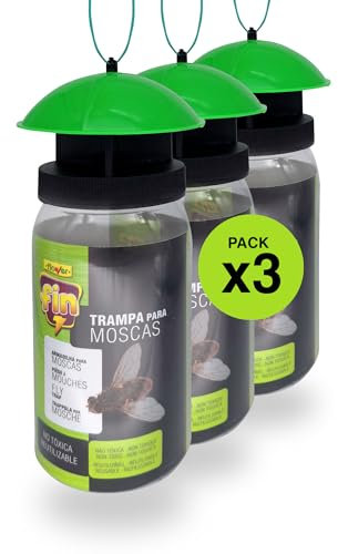 FLOWER Pack 3 Trampa Atrapa Moscas Exterior Interior | Pack Antimoscas con Fórmula Natural, Sin Pesticidas y Potente | Alimento Súper Atrayente al Aire Libre para Insectos | Kit Completo Reutilizable