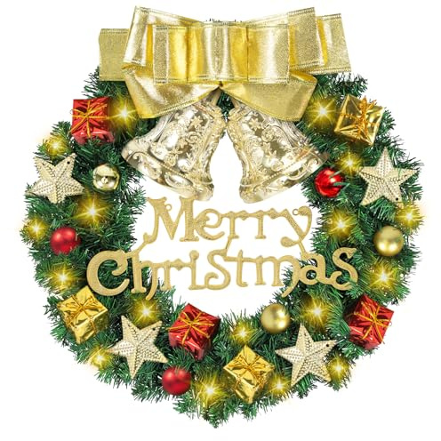 GLOSKIN Ghirlanda Natalizia 30CMGhirlanda Natalizia Per Porta Dotata di1Fiocco Dorato2Campanelli Dorati4luminose Stelle a Cinque Punte e 30 luci LED Bianche CaldeDecorazione Corona Natalizia Per Porta