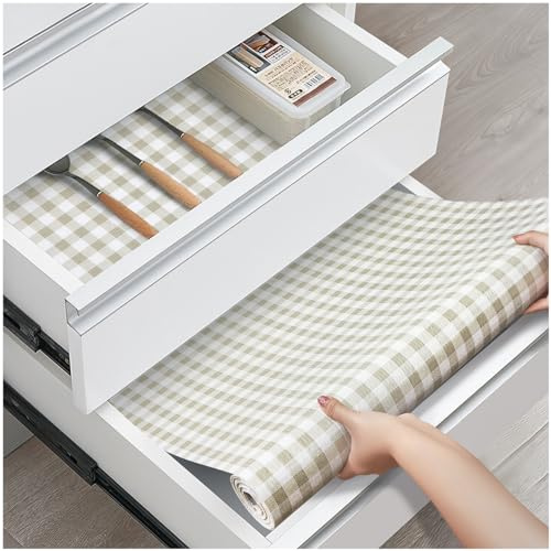 ALIUNI Drawer Liners, Non Slip Shelf Liner for Kitchen Cupboard, Non Adhesive Mats Waterproof for Bedroom Wardrobe Shelves Cabinets Pantry, Green Plaid 30 x 300 cm