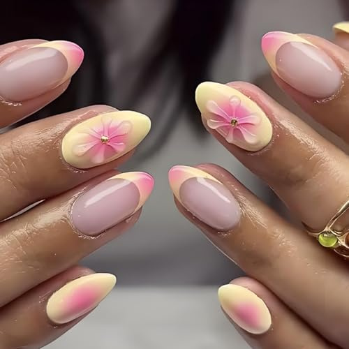 Pastel Blossom Tips Press On Nails - Short Almond Shape with Gradient Pink Yellow French Tip - 24PCS False Nails with 3D Flower Design for Women Daily Wear