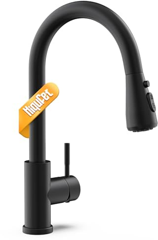Hiqufet Küchenarmatur, Ausziehbarer Wasserhahn mit Edelstahl-Sprühbrause und 3 Sprühfunktionen, 360° schwenkbar, Einhebelmischer, Matt Schwarz