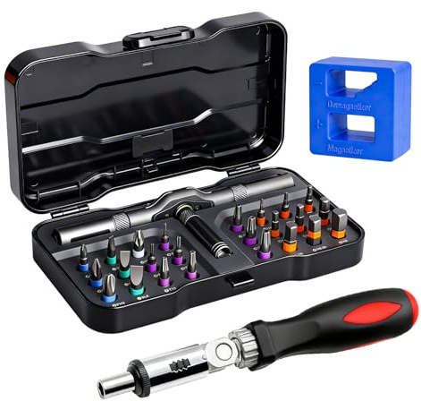 Set Cacciavite a Cricchetto 24 in 1 Con Manico in Rimovibile kit Cacciaviti Magnetici di Precisione Con Demagnetizzatore/Magnetizzatore Cacciavite a Cricchetto per Riparazioni Domestiche e Fai da te