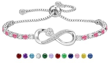 Birthstone Infinity Tennis Bracelet for Womens Girls S925 Silver Gifts | 12 Birthstone Colors Birthday Gifts for Women Girls Jewellery Gifts for Mum Girlfriend, Sparkling Cubic Zirconia Bracelet