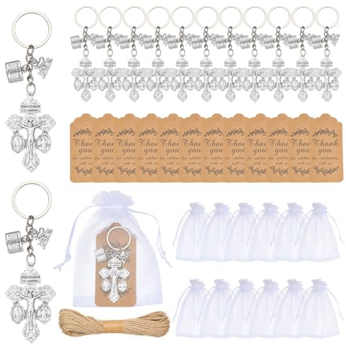 WEWAYSMILE 12 llaveros de cruz cristianos para bautizo, regalos de fiesta con bolsas de organza, llavero religioso de aleación, regalos de bautizo, suministros de devolución Decenarios