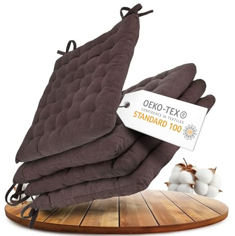 Gräfenstayn® 4er-Set Baumwoll-Sitzkissen 40x40x5cm mit Haltebändern für Indoor und Outdoor mit Öko-Tex Siegel - (Braun)