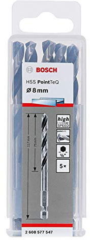 Bosch Professional 10pc PointTeQ Hex Drill Bit (for Metal, Ø: 8.0 mm, Total Length: 117 mm, ¼’’ Hex Shank, Accessory for Impact Drivers and Drill Drivers)