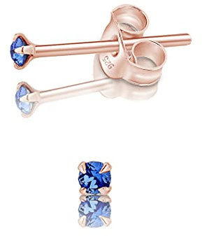 Pendientes de Botón Plata Ley 925 Chapados Oro Rosa 18K on Cristales Brillantes Azul Zafiro 2 mm - Pendientes Dorados para Mujer - Punto de Luz Hipoalergénicos