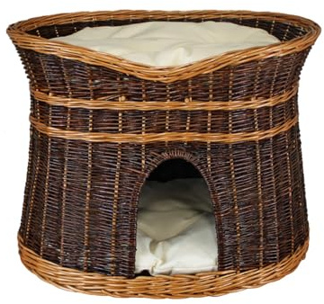 Katzenkorb zum Schlafen – Katzenhütte Indoor – Größe XL: 70 cm oval – Katzenhöhle aus Weide – Zweistöckiger Hunde – oder Katzenbett mit waschbaren Kissen in Ecru – Lackierter Korb