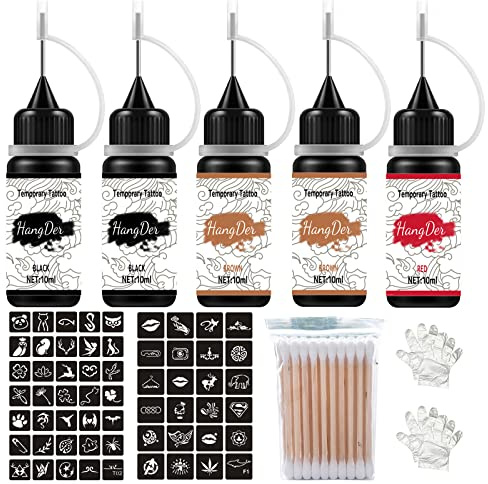 Temporary Tattoos Kit, Yomagine Semi Permanent Tattoo Ink, DIY Fake Freckles Temporary Tattoos for Women Men Teen, Summer Trend Freehand Ink with 78 Pcs Tattoo Stencils, Jagua Gel - Full Kit 5 Bottles