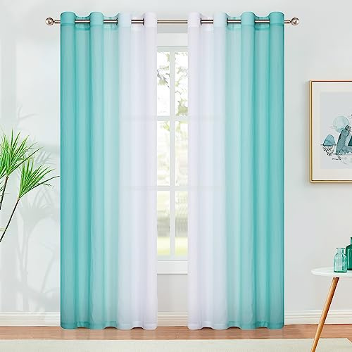 Purainbow Ombre Sheer Curtains Teal 54 Inches Length for Bedroom Living Room, Chiffon Crinkle Semi Sheer Short Curtain Panels Light Filtering Not See Through for Laundry Room, Grommet Top, 52 W | For Bedroom Living Room, Chiffon Crinkle Semi Sheer Short Curtain Panels, Light Filtering Not See Through for Laundry Room