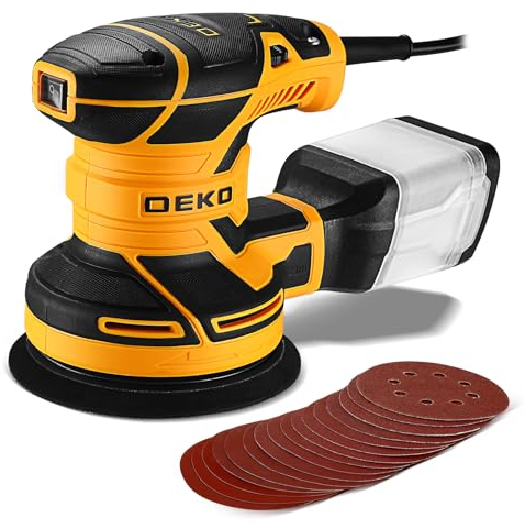 DEKOPRO Levigatrice orbitale 300W 6 velocità 14000 RPM levigatrice elettrica ideale per superfici in legno e acciaio con 16 fogli di carta abrasiva