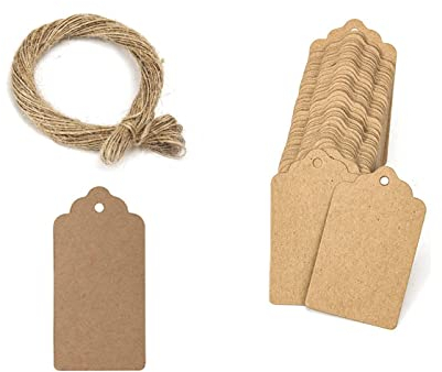 LICHUANUK Tag Bomboniere 100 Pz 3 x 5 CM - Spago di Iuta Naturale Lungo 20 Metri, Marrone - Etichette Cartoncino Premium e Bifacciali - Ideale per Etichette Regalo, Cartellini Prezzo e Fai Da Te
