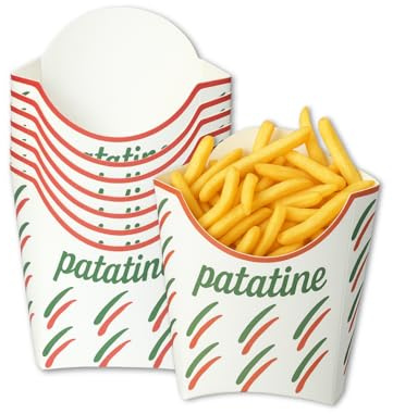 VIRSUS Astucci porta fritti in cartoncino, bianco con grafica, tazze di carta misura 8x13x10 cm, peso 350gr, contenitore porta patatine per alimenti Fast Food, Asporto (50)