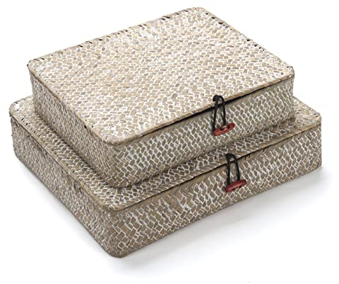 Rechteckig Rattankorb Aufbewahrung korb Natürliches Gewebt Seegras Regalkörbe mit Deckel 2 Stück (Weißwäsche Groß + Klein)