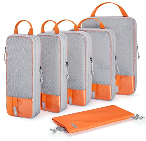 BAGSMART 6 Pièces Organisateur Valise,Sac Compression Voyage,Packing Cubes Réutilisable, Rangement Valise Accessoire,avec Sac à Linge Pratique pour Sac à Dos,Valise,Organiseur,Orange