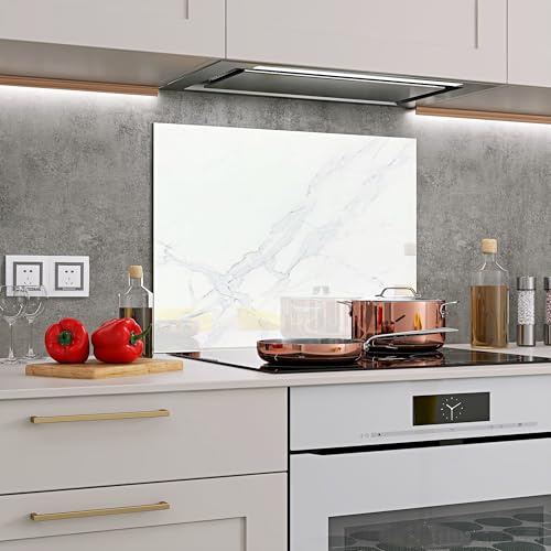 BELOFAY 60x80cm White Marble Tempered Glass Splashback/backsplash for Kitchen | 6mm Toughened Glass Heat Resistant Hob Splashbacks for Cookers 600x800mm