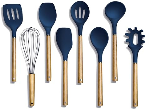Country Kitchen Non Stick Silicone Utensil Set with Rounded Wood Handles for Cooking and Baking, 8 Piece Set, Navy