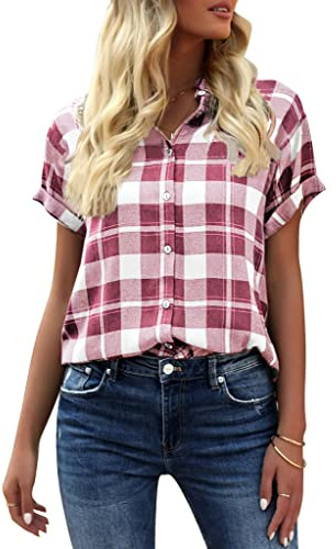 GeGekoko Chemisier à carreaux pour femme - Manches courtes - Décontracté - Col en V - Boutonné - Tunique d'été - T-shirt