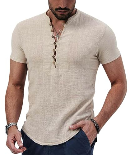 Puimentiua Leinenhemd Herren,Hemd Kurzarm,Sommer Kurzarmhemd,Regular Fit Sommerhemd mit Stehkragen und Knöpfen (Hellkhaki,L)