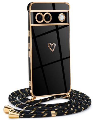 Mkej Frauen Mädchen Handykette Kompatibel mit Google Pixel 7A - Silikon Hülle mit Band - Handyhülle für Google Pixel 7A Herz Love Design Galvanik - Hülle mit Kordel in schwarzes Gold