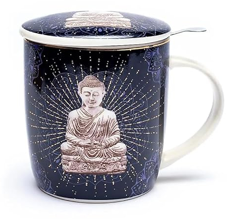 Generico Tasse à Thé Mandala Bouddha Bleu Lumière Tasse Porcelaine Fine Infuseur Inox Cup 400 ml